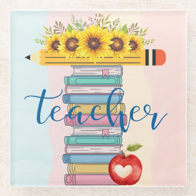 T is for Teacher Floral Pencil Books Apple Glass Coaster (Front)