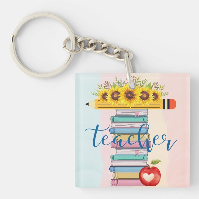 T is for Teacher Floral Pencil Books Apple Keychain (Front)