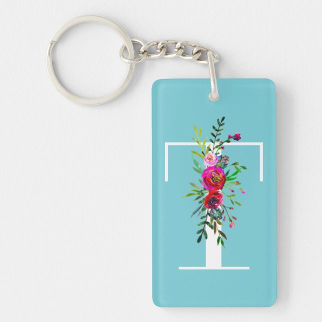 T Letter Initial Monogram Floral Custom Colour Keychain (Front)