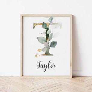 T Letter Monogram Greenery Nursery Name Wall Print