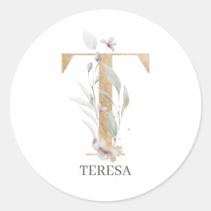 T Monogram Floral Personalized Classic Round Sticker