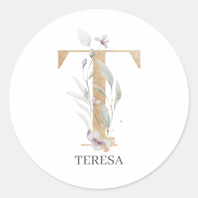 T Monogram Floral Personalized Classic Round Sticker (Front)