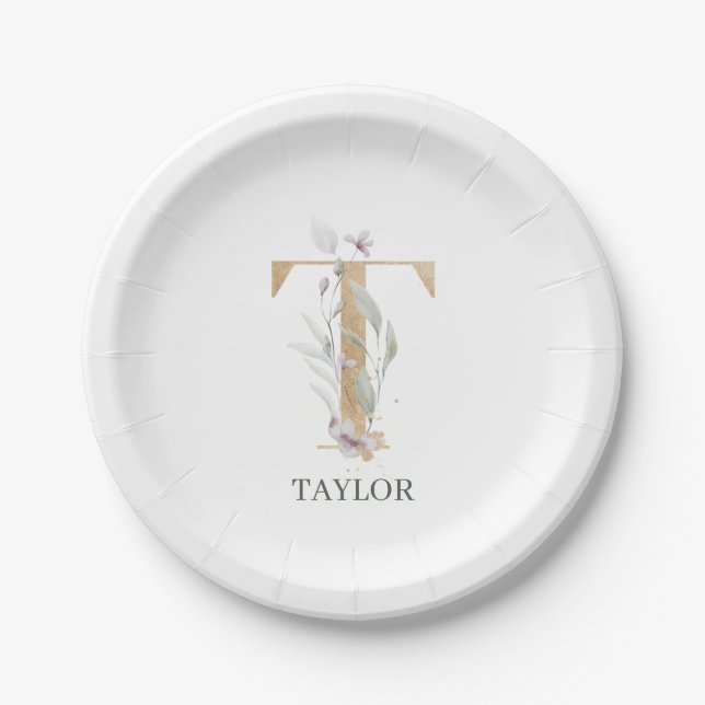 T Monogram Floral Personalized Paper Plate (Front)