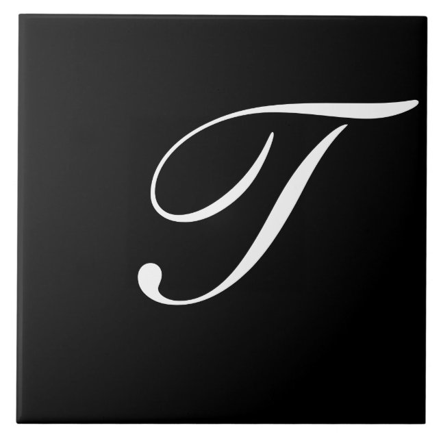 T Monogram Initial White on Black Tile (Front)