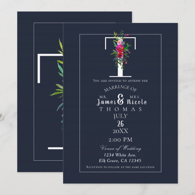 T Monogram Last Initial Modern Blue Floral Wedding Invitation (Front/Back)