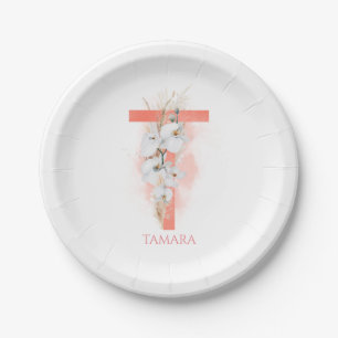 T Monogram Name Pampas Grass White Orchids Paper Plate