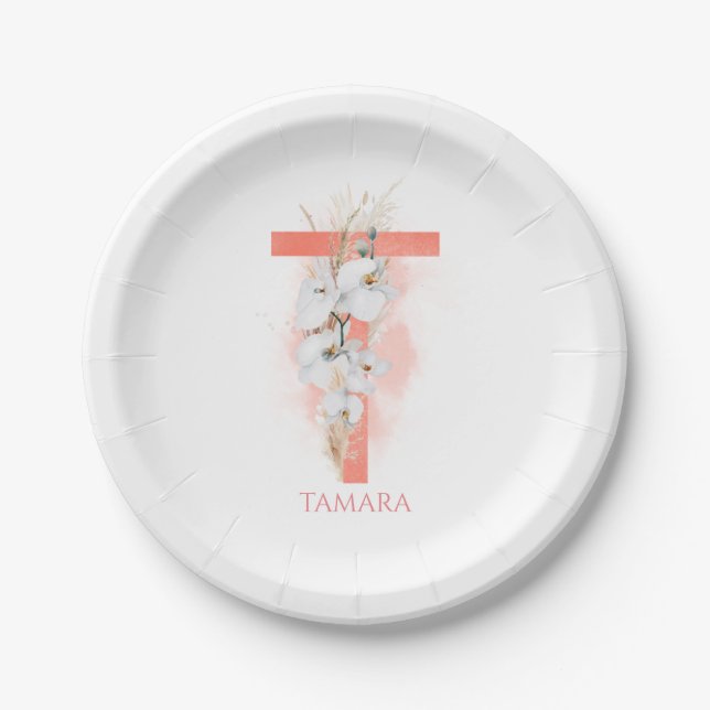 T Monogram Name Pampas Grass White Orchids Paper Plate (Front)