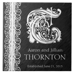 T Monogram "White Lace on Black" Wedding Tile