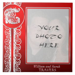 T Monogram "White Lace on Red" with Photo - Tile