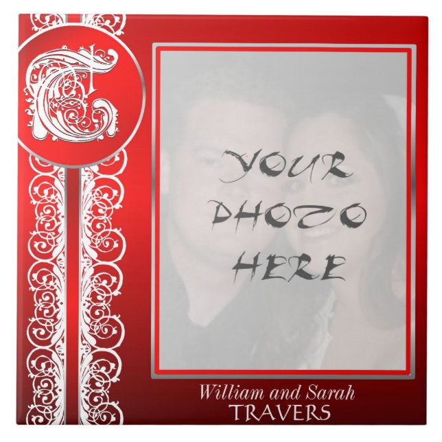 T Monogram "White Lace on Red" with Photo - Tile (Front)