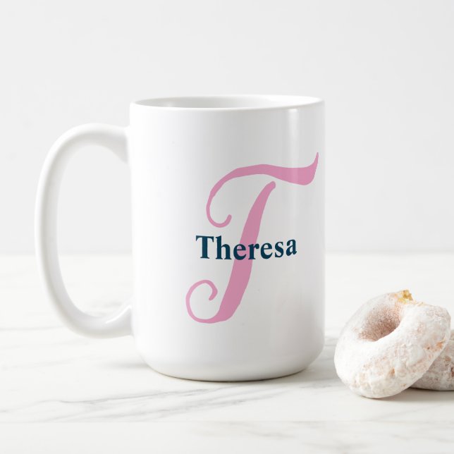  "T" Pink Fancy Script Monogram with Navy Name  Coffee Mug (With Donut)