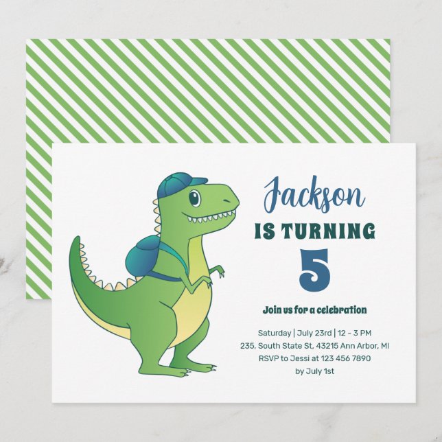 T-Rex and Backpack School Kids Dinosaur Birthday Invitation (Front/Back)