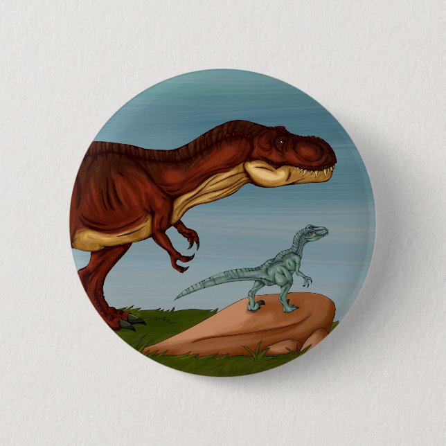 T-Rex and Velociraptor 2 Inch Round Button (Front)