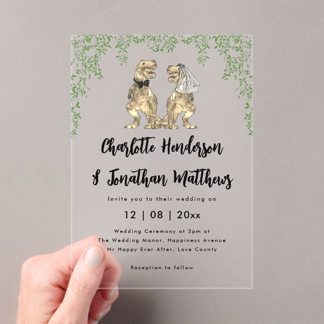 T-Rex Bride & Groom Dinosaur Theme Wedding  Acrylic Invitations (Insitu (Handheld))