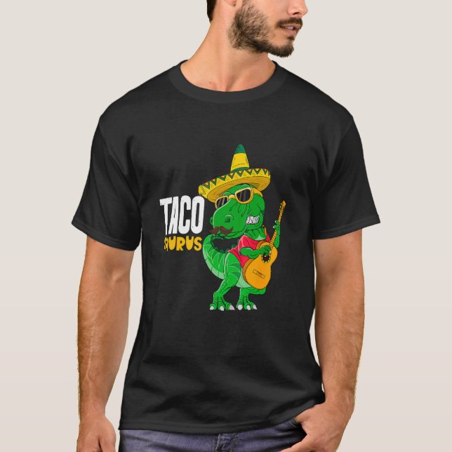 T Rex Cinco De Mayo Dinosaur Tacosaurus Guitar Som T-Shirt (Front)