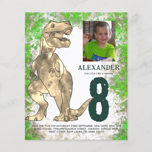 T Rex Dino Jungle Birthday Party Photo Budget Flyer (Front)