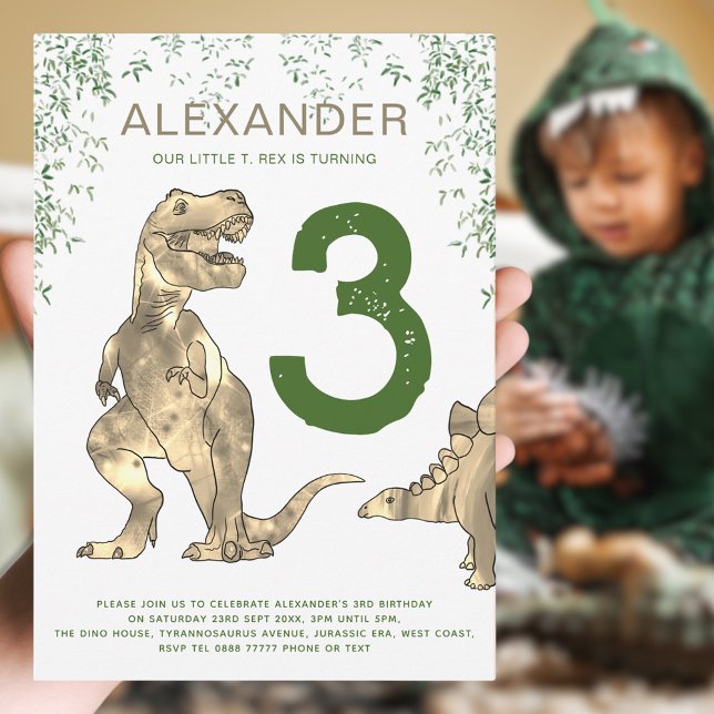 T-Rex Dinosaur 3rd Birthday Party Invitation (Boy’s Dinosaur party invitation with T-Rex and stegosaurus jungle dino & modern green typography )