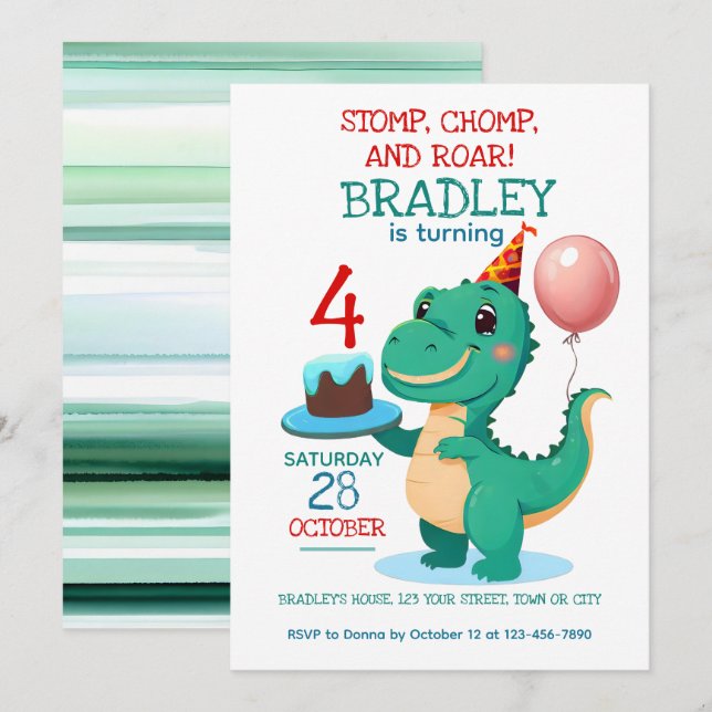 T Rex Dinosaur 4th Birthday Party Invitation (Front/Back)