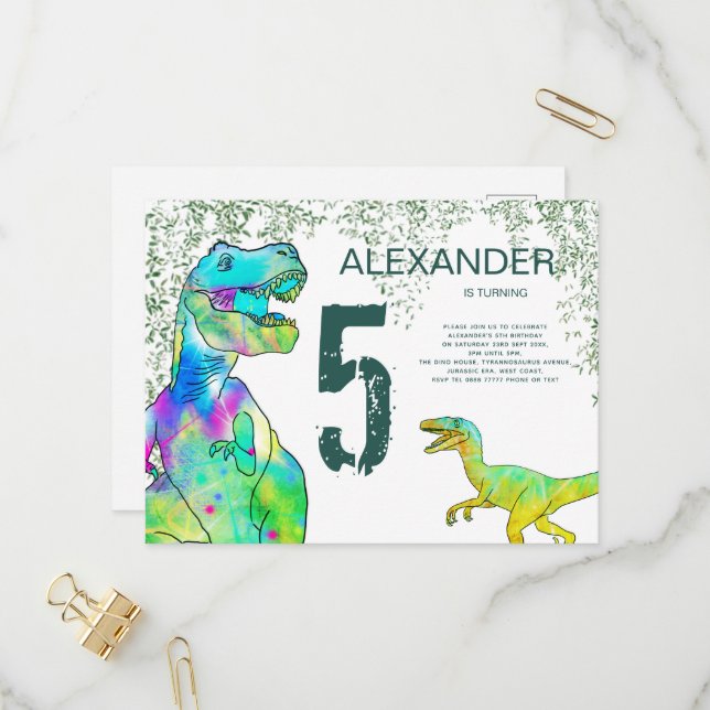 T Rex Dinosaur 5e Anniversaire Fête Invitation (Devant/Arrière en situation)