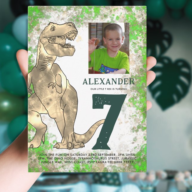 T-Rex Dinosaur 7th Birthday Party Budget Invitation Postcard (Dinosaur 7th birthday party budget invitation postcard with photo template and T-Rex watercolor )