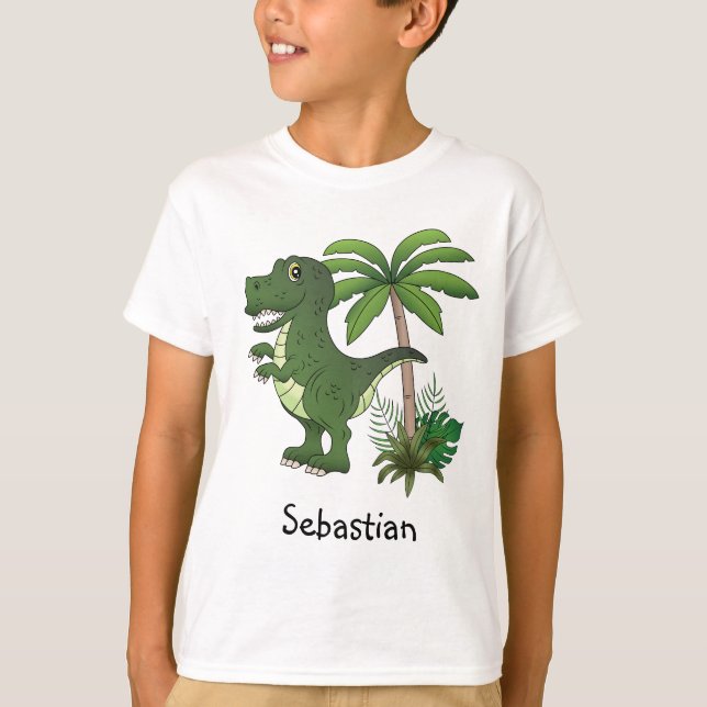 T-Rex Dinosaur And Palm Tree With Custom Kids Name T-Shirt (Front)