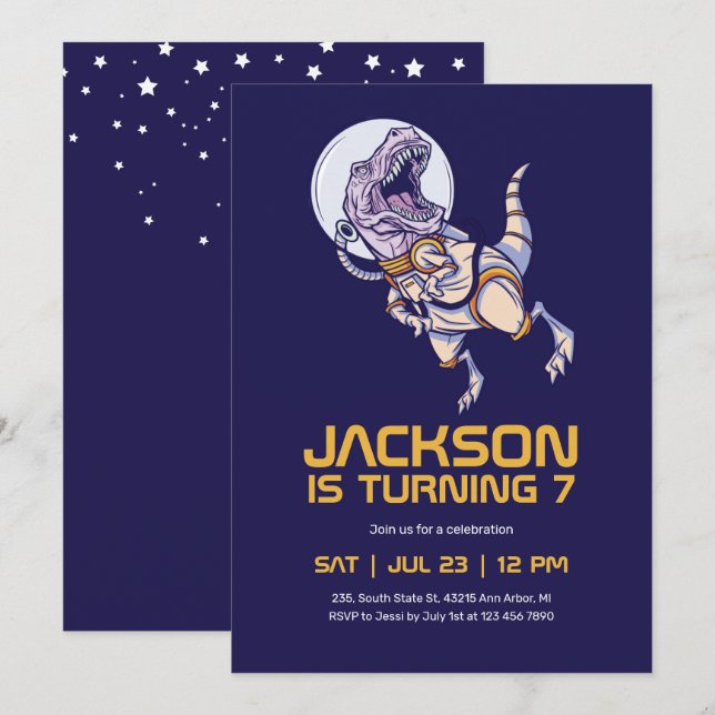 T-rex Dinosaur Astronaut Outer Space Kids Birthday Invitation (Front/Back)
