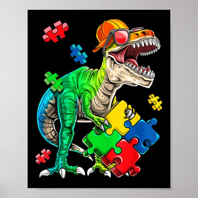 T Rex Dinosaur Autism Awareness Puzzle Piece Gifts Poster (Front)