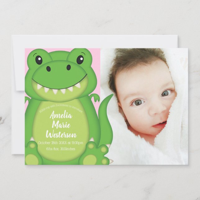 T-Rex Dinosaur bébé Faire-part rose (Devant)