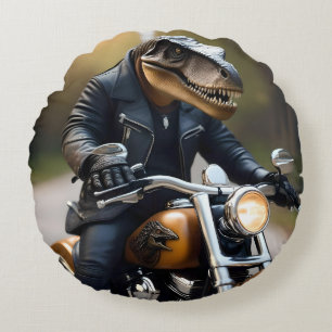 T-Rex Dinosaur Bikie On A Motorbike, Round Pillow