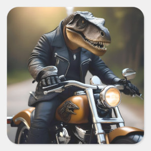 T-Rex Dinosaur Bikie On A Motorbike, Square Sticker