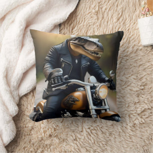 T-Rex Dinosaur Bikie On A Motorbike, Throw Pillow