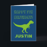 T rex dinosaur Birthday greeting card for kids<br><div class="desc">Personalized T rex dinosaur Birthday greeting card for kids. Cute Birthday card idea for boys and girls. Green prehistoric Tyrannosaurus rex animal design with customizable colour background. Personalized wild trex for children. Fun for kindergarten, grammar school, elementary school kids. Add your own name. Also available as big extra large oversized...</div>