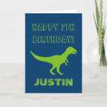 T rex dinosaur Birthday greeting card for kids<br><div class="desc">Personalized T rex dinosaur Birthday greeting card for kids. Cute Birthday card idea for boys and girls. Green prehistoric Tyrannosaurus rex animal design with customizable colour background. Personalized wild trex for children. Fun for kindergarten, grammar school, elementary school kids. Add your own name. Also available as big extra large oversized...</div>