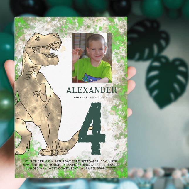 T-Rex Dinosaur Birthday Party Invitation (T-Rex dinosaur 4th birthday party invitation with photo template modern green typography watercolor )
