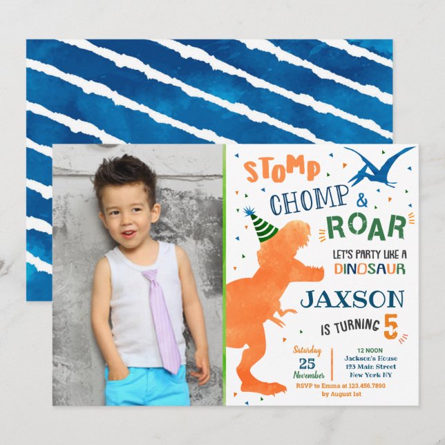 T-Rex Dinosaur Birthday Party Invitations (Front/Back)