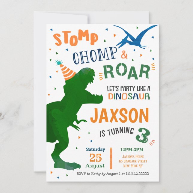T Rex Dinosaur Birthday Party Invitations (Front)