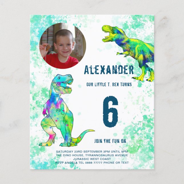 T Rex Dinosaur Birthday Party Photo Budget Flyer (Front)