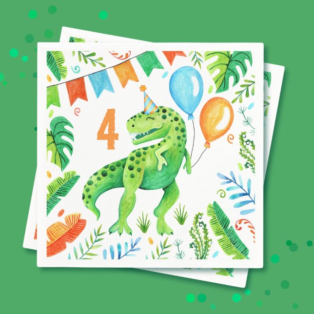 T rex Dinosaur Birthday Party Watercolor Napkin (T rex Dinosaur Boys Birthday Watercolor Napkins)