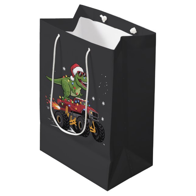 T-Rex Dinosaur Christmas Monster Truck  Medium Gift Bag (Front Angled)