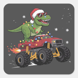 T-Rex Dinosaur Christmas Monster Truck Square Sticker