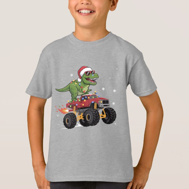 T-Rex Dinosaur Christmas Monster Truck  T-Shirt (Front)