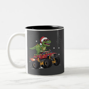 T-Rex Dinosaur Christmas Monster Truck Two-Tone Coffee Mug
