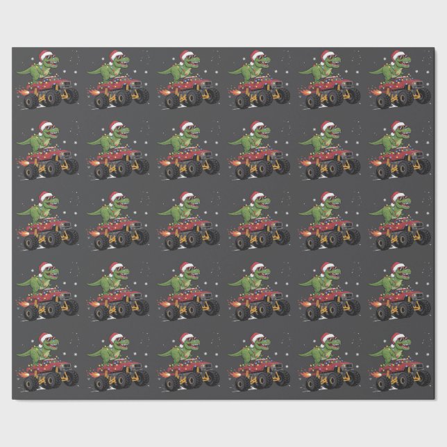 T-Rex Dinosaur Christmas Monster Truck  Wrapping Paper (Seam)