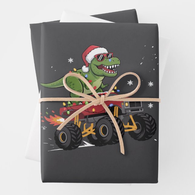 T-Rex Dinosaur Christmas Monster Truck  Wrapping Paper Sheet (In situ)