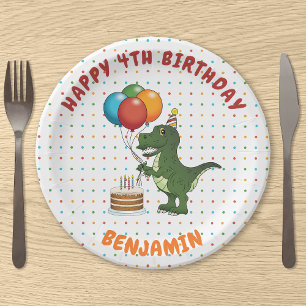 T-rex Dinosaur Colourful Balloons Custom Child Nam Paper Plate