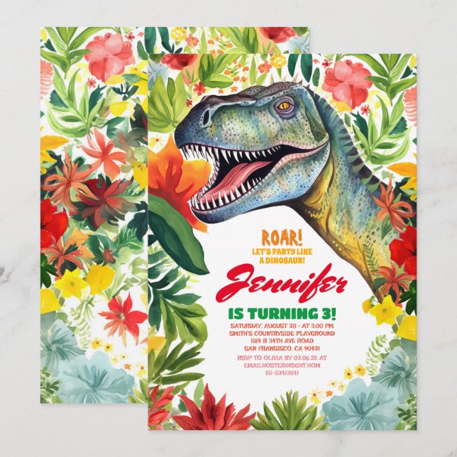 T-Rex Dinosaur Colourful Floral Girl's Birthday Invitation (Front/Back)
