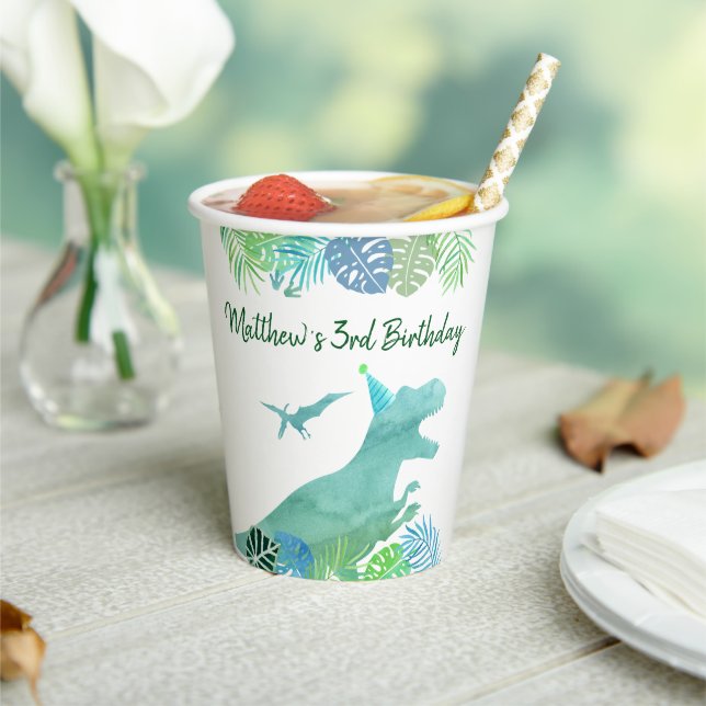 T-Rex Dinosaur Greenery Birthday Paper Cups (Insitu)