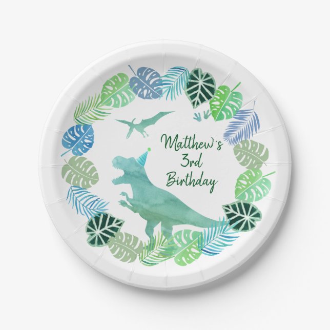 T-Rex Dinosaur Greenery Birthday Paper Plate (Front)