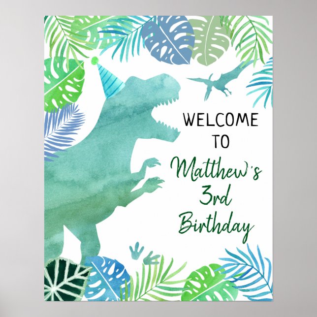 T-Rex Dinosaur Greenery Birthday Welcome Poster (Front)