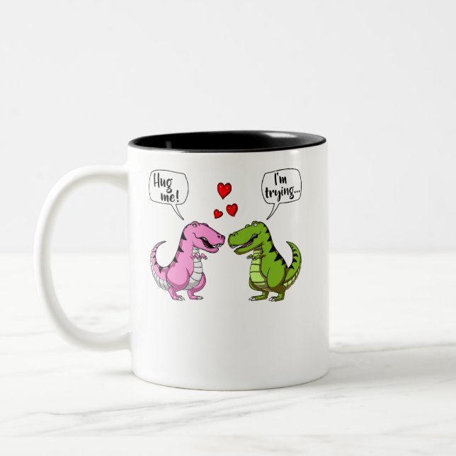 T-Rex Dinosaur Hug Me Funny Couple Joke Two-Tone Coffee Mug (Left)